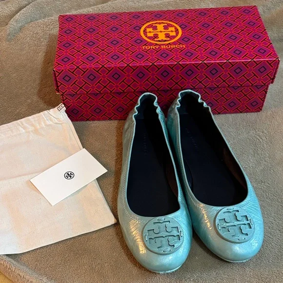 Tory Burch Aqua Flats with Logo Detail - Picture 1 of 6